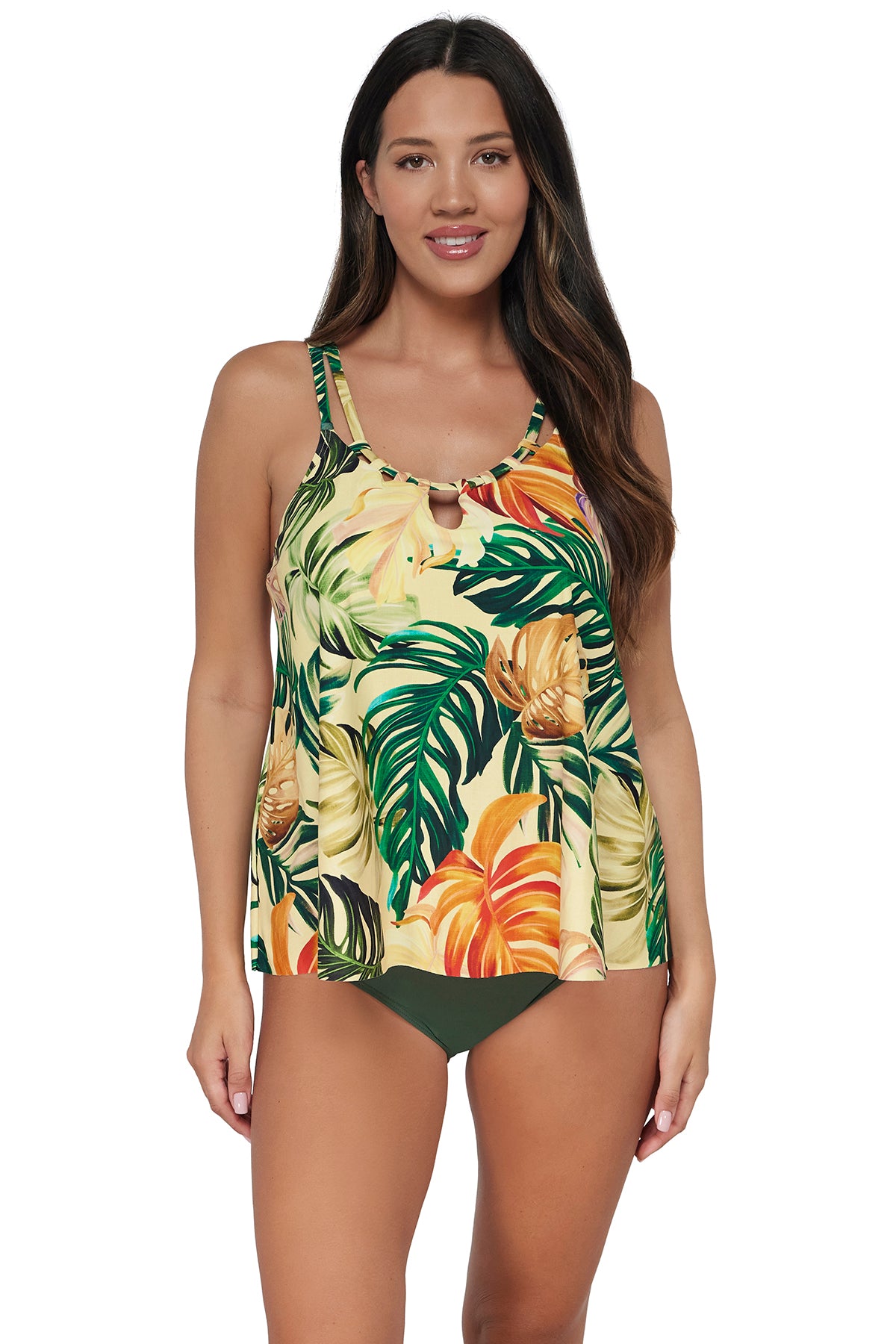 Front pose #1 of Nicki wearing Sunsets Escape Amber Oasis Sadie Tankini Top paired with coordinating Island Green Hannah High Waist Bottom