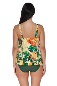 Back pose #1 of Nicki wearing Sunsets Escape Amber Oasis Sadie Tankini Top paired with coordinating Island Green Hannah High Waist Bottom