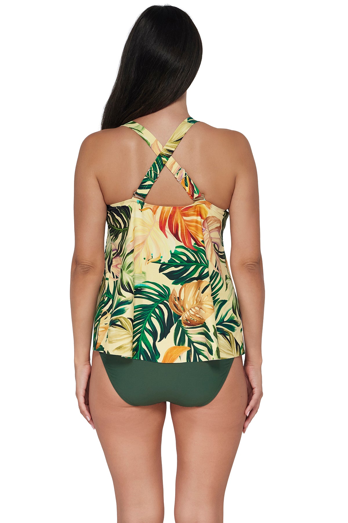 Back pose #1 of Nicki wearing Sunsets Escape Amber Oasis Sadie Tankini Top showing crossback straps paired with coordinating Island Green Hannah High Waist Bottom