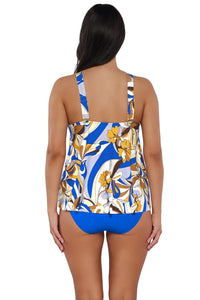 Back pose #1 of Nicki wearing Sunsets Escape Bali Bungalow Sadie Tankini Top