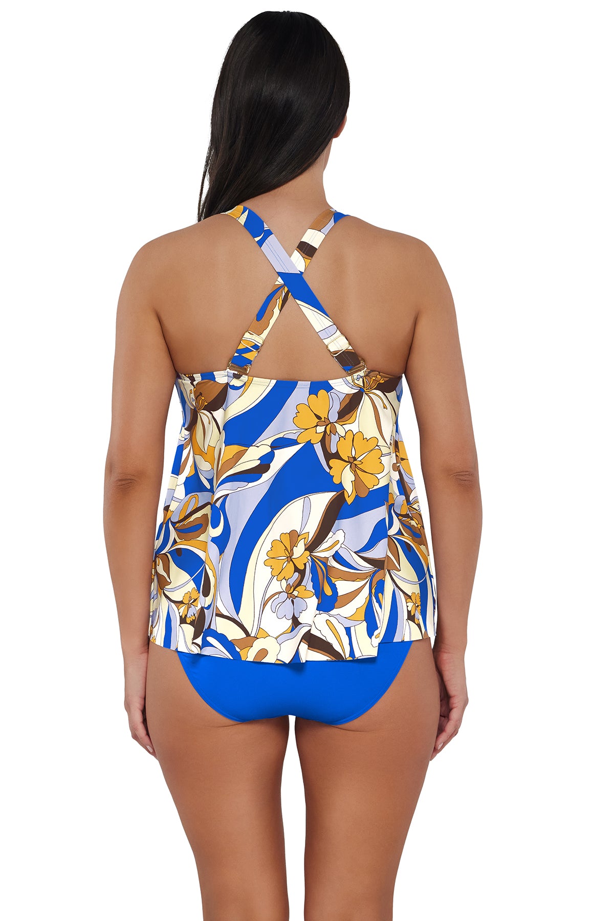 Back pose #1 of Nicki wearing Sunsets Escape Bali Bungalow Sadie Tankini Top showing crossback straps