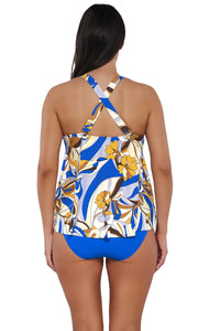 Back pose #1 of Nicki wearing Sunsets Escape Bali Bungalow Sadie Tankini Top showing crossback straps