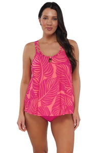 Front pose #1 of Nicki wearing Sunsets Escape Blushing Palms Sandbar Rib Sadie Tankini Top