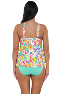 Back pose #1 of Nicki wearing Sunsets Escape Botanical Bliss Sandbar Rib Sadie Tankini Top