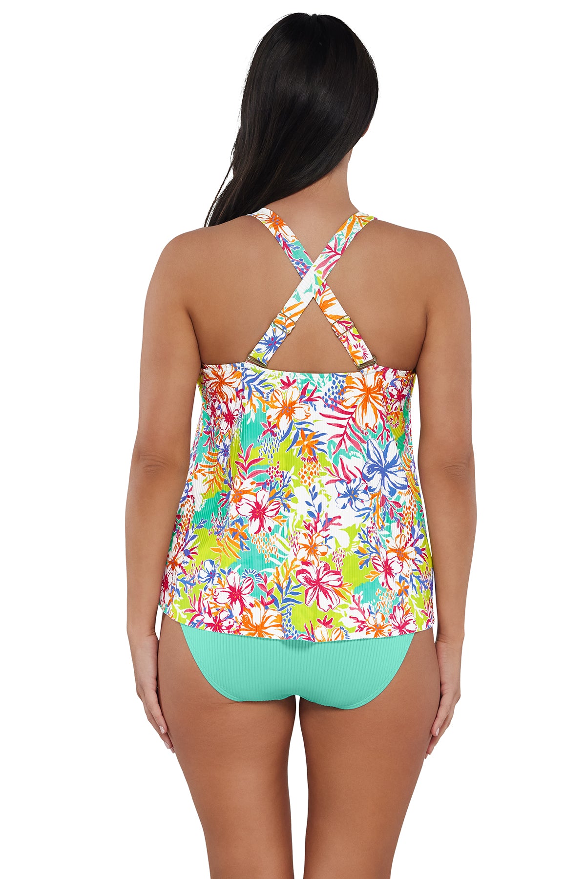 Back pose #1 of Nicki wearing Sunsets Escape Botanical Bliss Sandbar Rib Sadie Tankini Top showing crossback straps