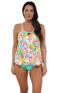 Front pose #1 of Nicki wearing Sunsets Escape Botanical Bliss Sandbar Rib Sadie Tankini Top