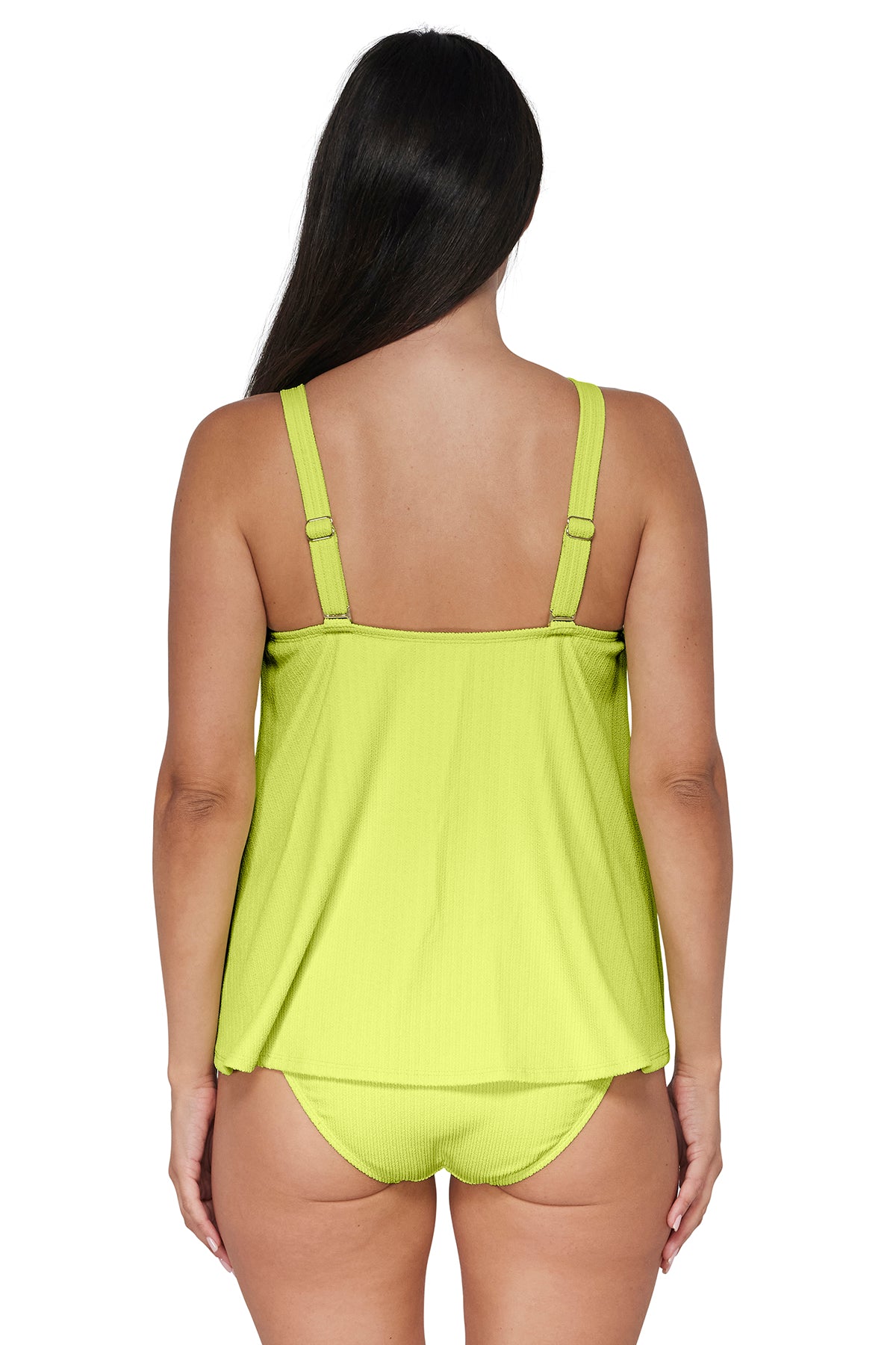 Back pose #1 of Nicki wearing Pacifica Bright Pear Sadie Tankini Top