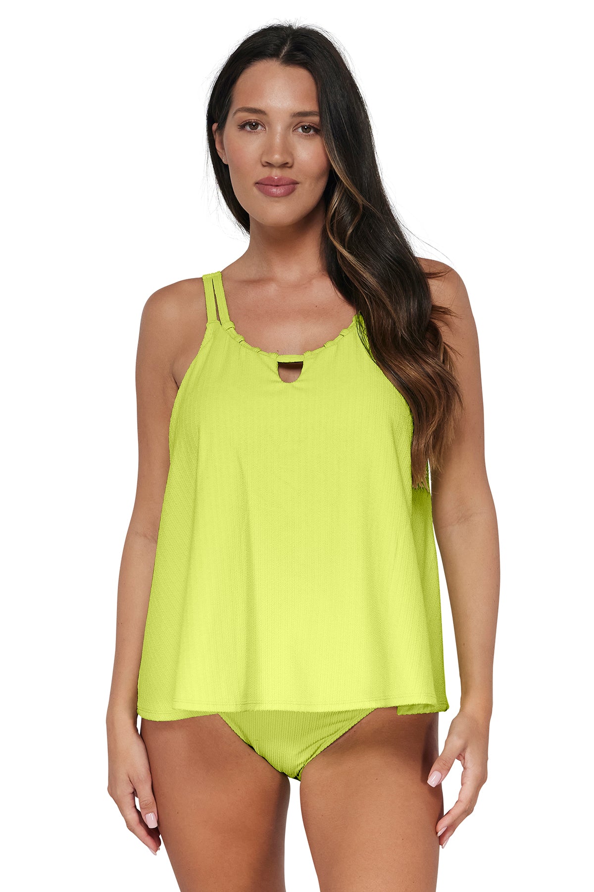 Front pose #2 of Nicki wearing Pacifica Bright Pear Sadie Tankini Top