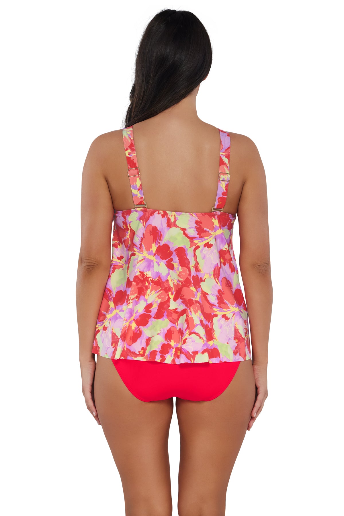 Back pose #1 of Nicki wearing Sunsets Escape Butterfly Beach Sadie Tankini Top