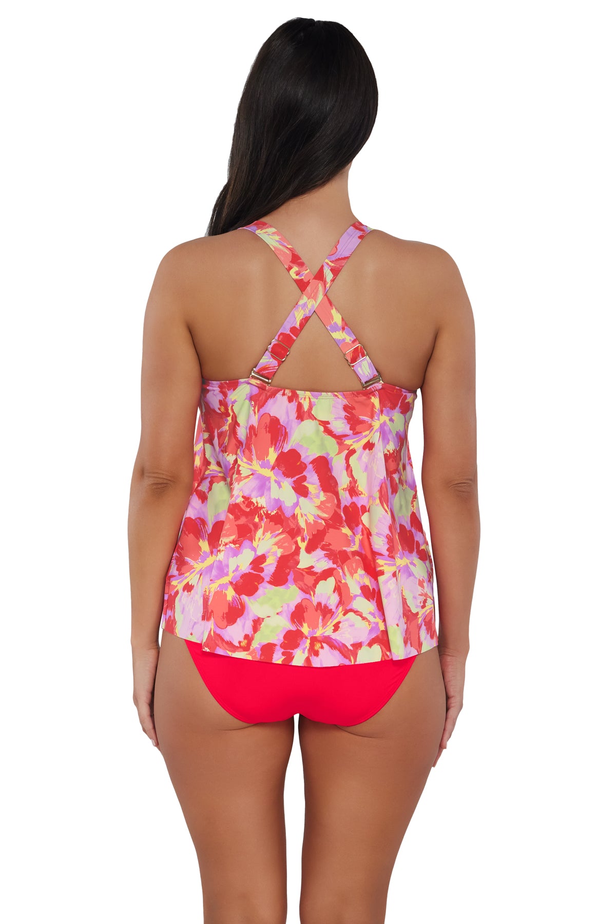 Back pose #1 of Nicki wearing Sunsets Escape Butterfly Beach Sadie Tankini Top showing crossback straps paired with coordinating Geranium Hannah High Waist Bottom