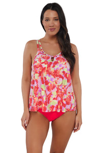 Front pose #1 of Nicki wearing Sunsets Escape Butterfly Beach Sadie Tankini Top paired with coordinating Geranium Hannah High Waist Bottom