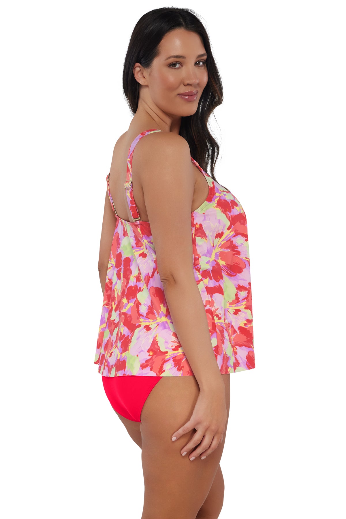 Oblique pose #1 of Nicki wearing Sunsets Escape Butterfly Beach Sadie Tankini Top