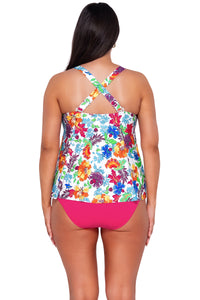 Front pose #1 of Nicki wearing Sunsets Escape Camilla Flora Sadie Tankini Top showing crossback straps with matching Hannah High Waist bikini bottom