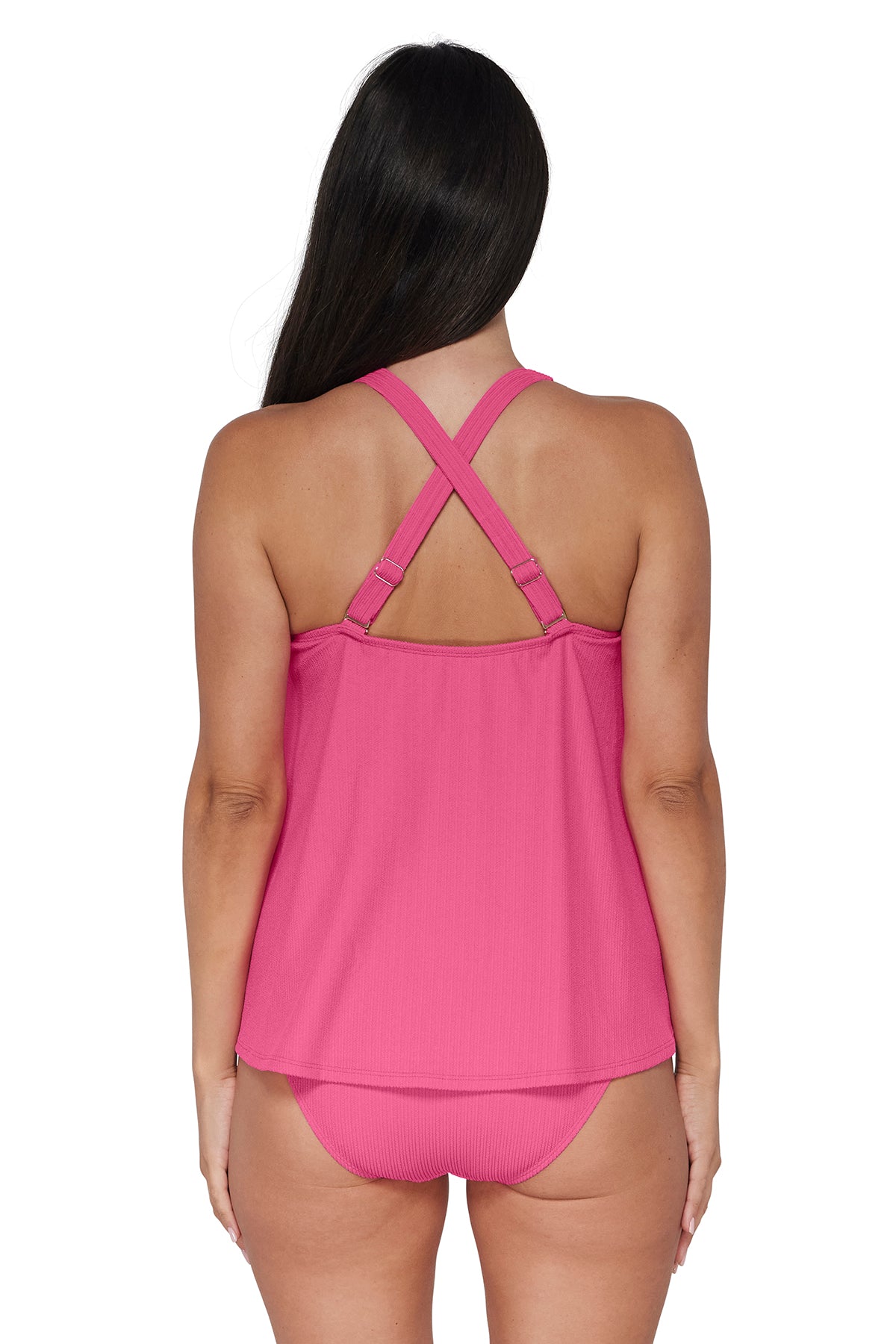 Back pose #1 of Nicki wearing Pacifica Dragon Fruit Sadie Tankini Top showing crossback straps