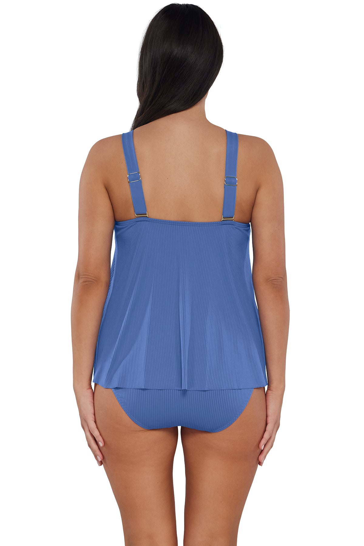 Back pose #1 of Nicki wearing Sunsets Escape Harbor Blue Sandbar Rib Sadie Tankini Top