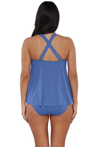 Back pose #1 of Nicki wearing Sunsets Escape Harbor Blue Sandbar Rib Sadie Tankini Top showing crossback straps