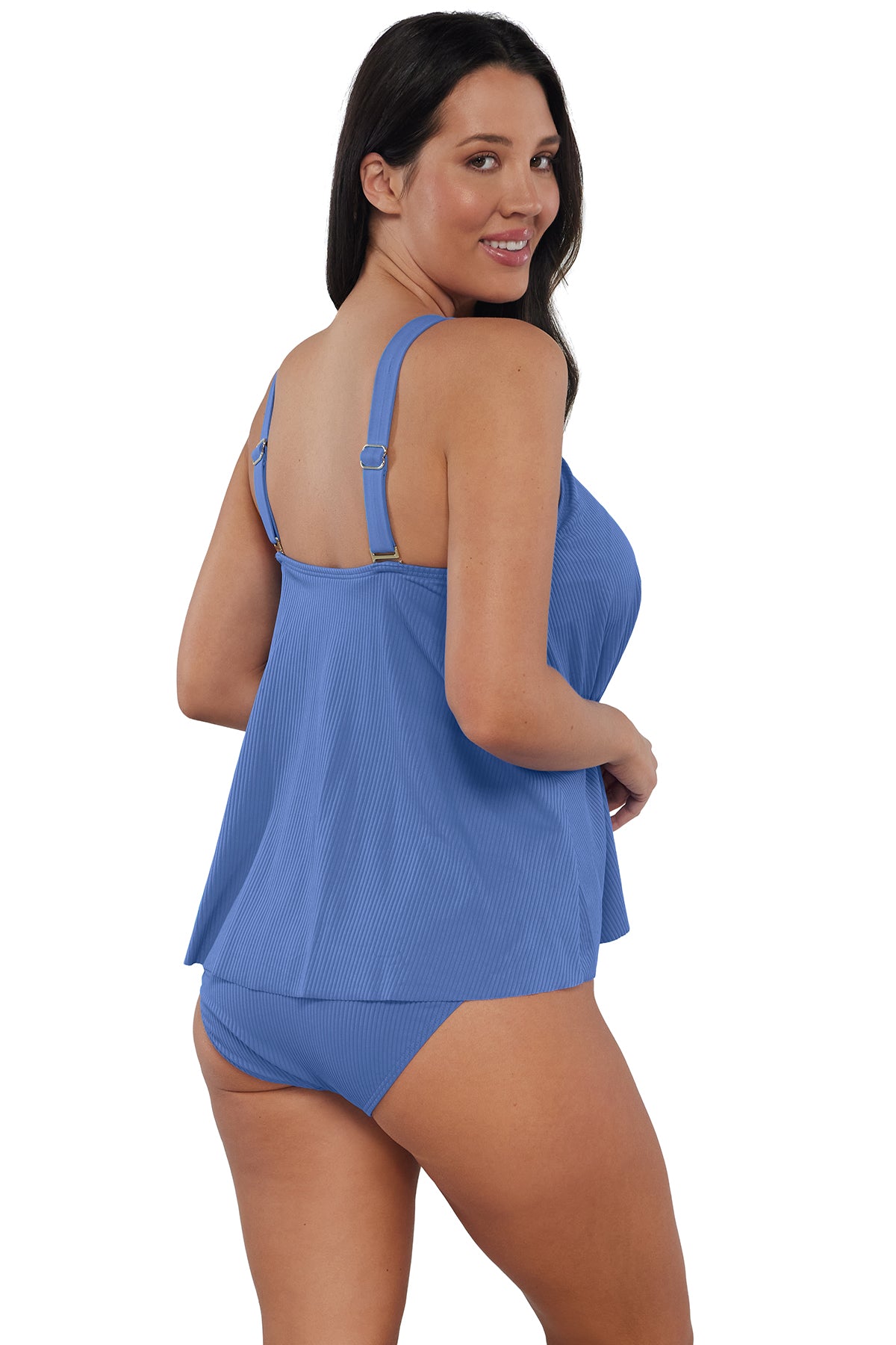 Oblique pose #1 of Nicki wearing Sunsets Escape Harbor Blue Sandbar Rib Sadie Tankini Top