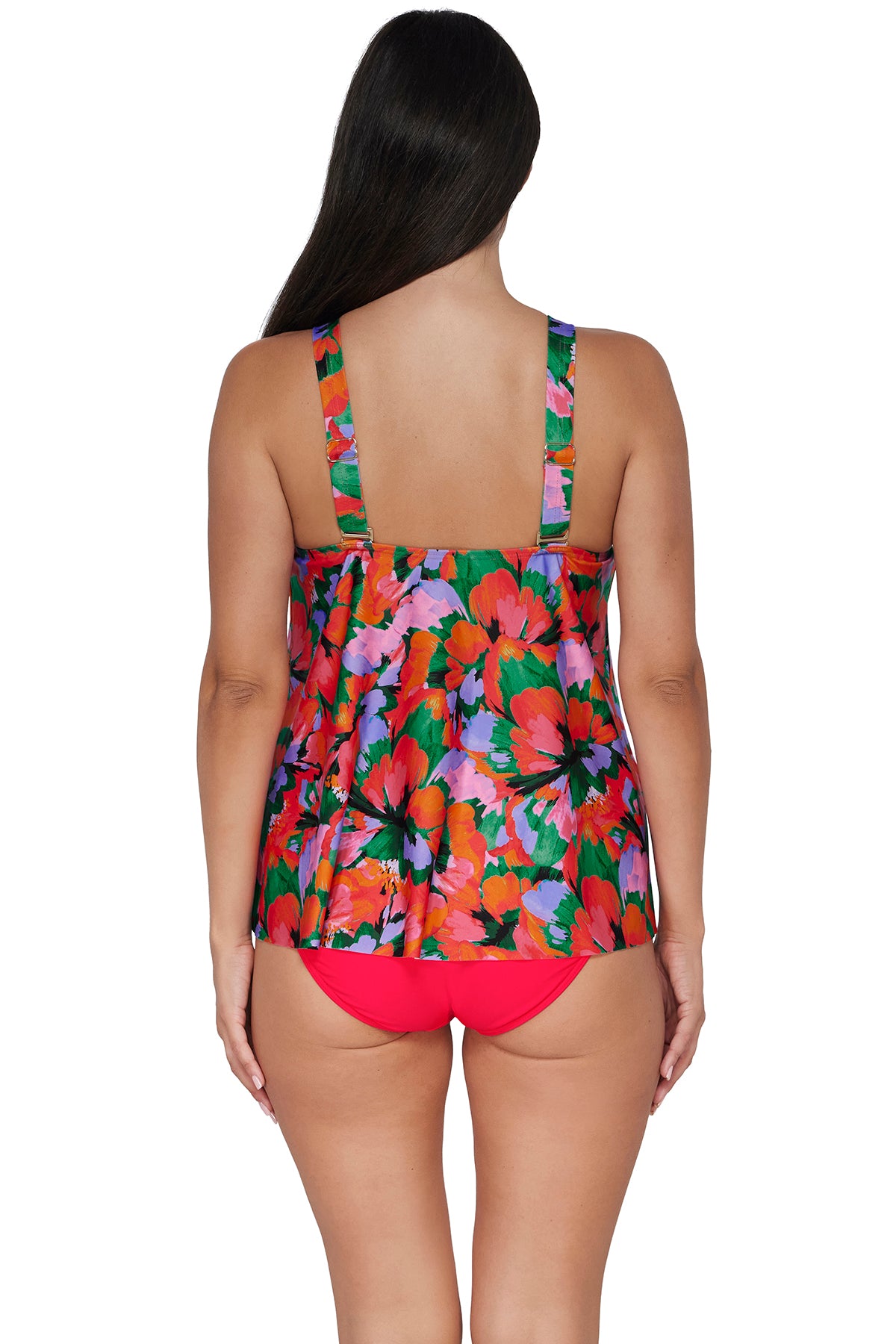 Back pose #1 of Nicki wearing Sunsets Escape Hummingbird Cove Sadie Tankini Top paired with coordinating Geranium Hannah High Waist Bottom