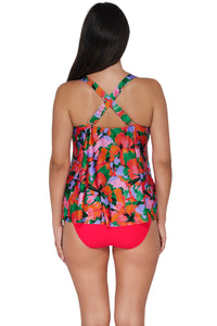 Back pose #1 of Nicki wearing Sunsets Escape Hummingbird Cove Sadie Tankini Top showing crossback straps paired with coordinating Geranium Hannah High Waist Bottom