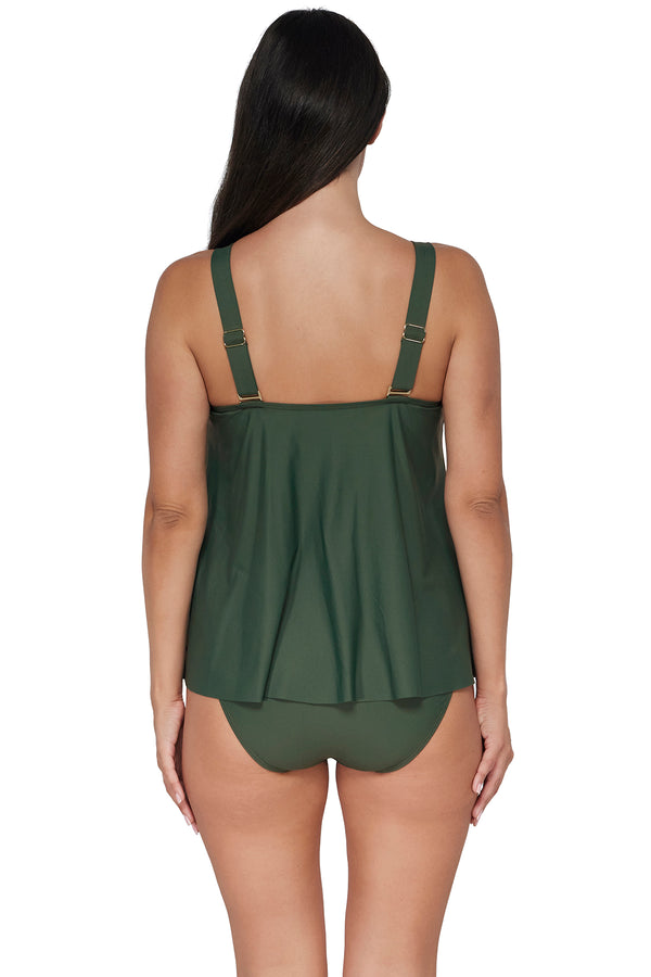 Back pose #1 of Nicki wearing Sunsets Escape Island Green Sadie Tankini Top paired with matching Hannah High Waist Bottom