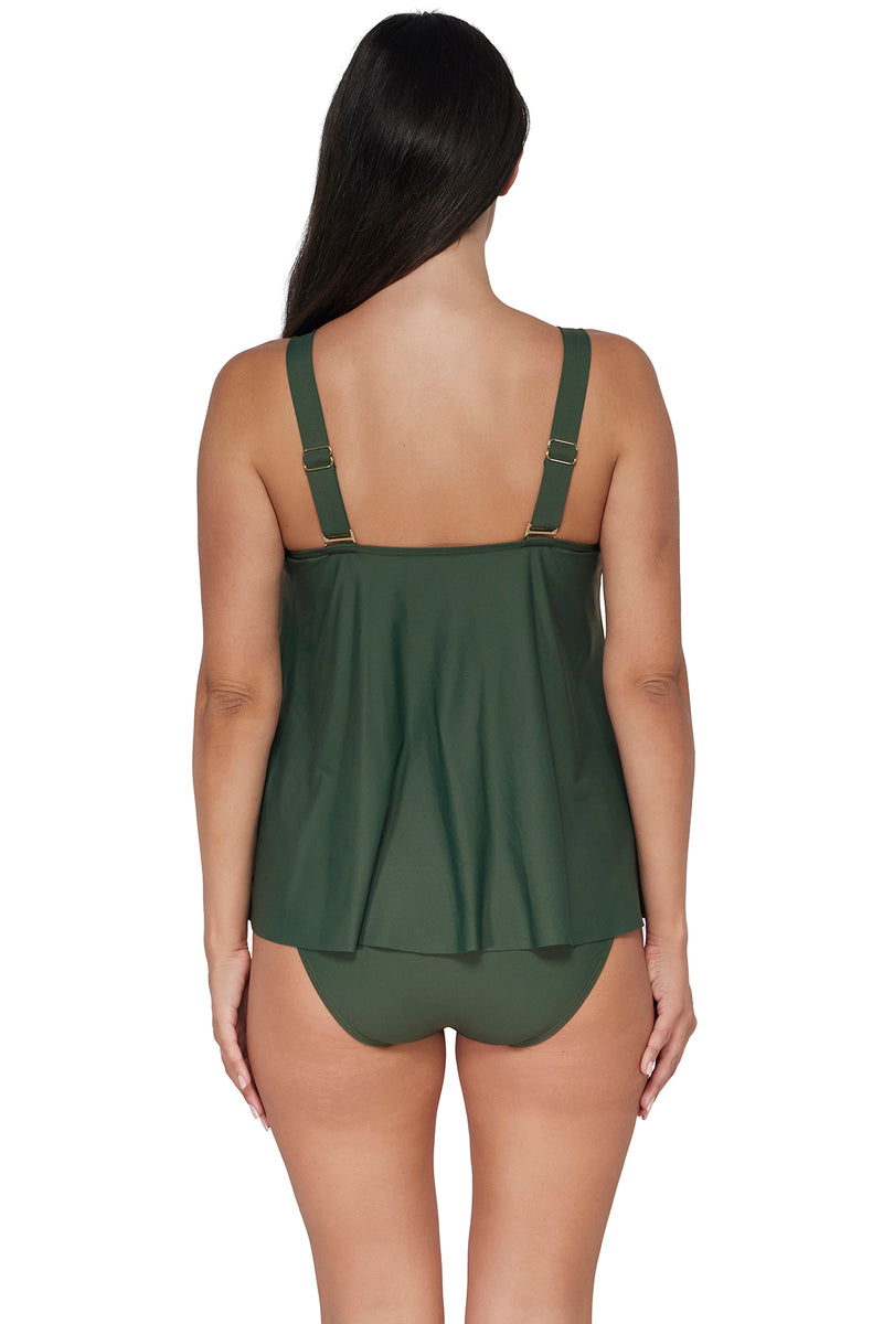 Back pose #1 of Nicki wearing Sunsets Escape Island Green Sadie Tankini Top