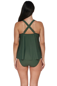 Back pose #1 of Nicki wearing Sunsets Escape Island Green Sadie Tankini Top showing crossback straps paired with matching Hannah High Waist Bottom