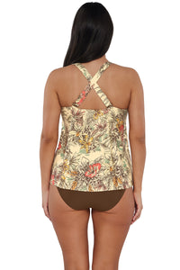 Back pose #1 of Nicki wearing Sunsets Escape Island Spice Sadie Tankini Top showing crossback straps