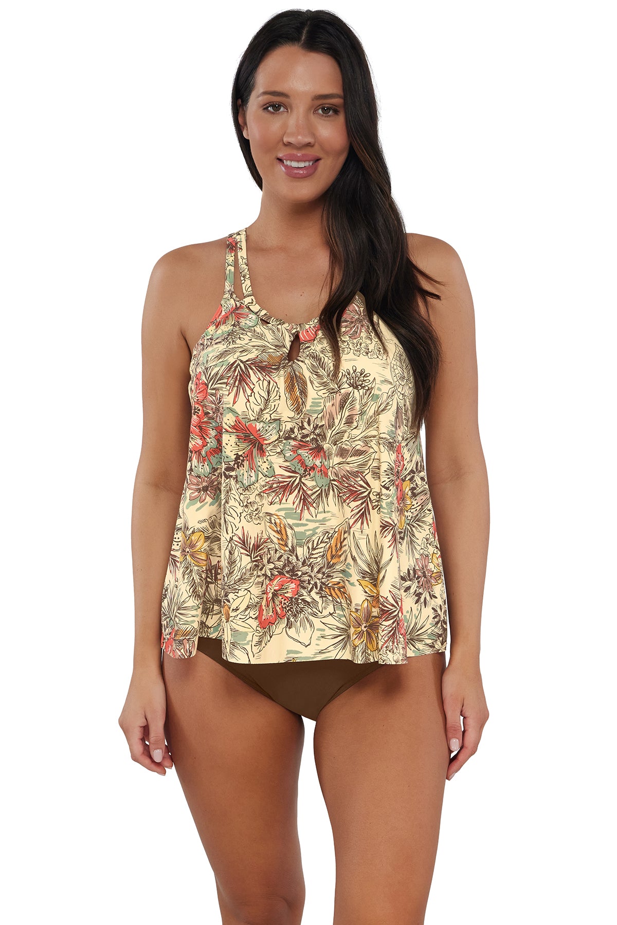 Front pose #1 of Nicki wearing Sunsets Escape Island Spice Sadie Tankini Top