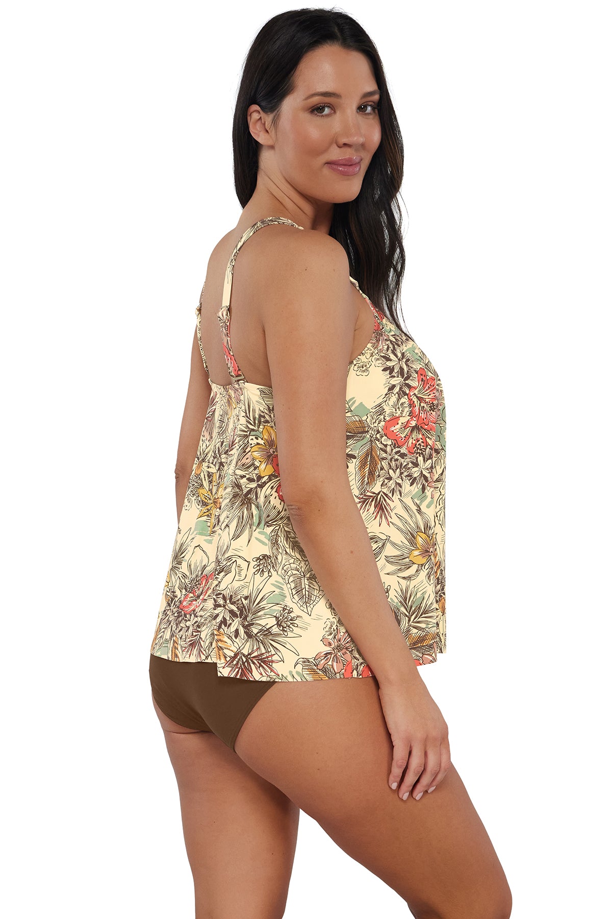 Oblique pose #1 of Nicki wearing Sunsets Escape Island Spice Sadie Tankini Top