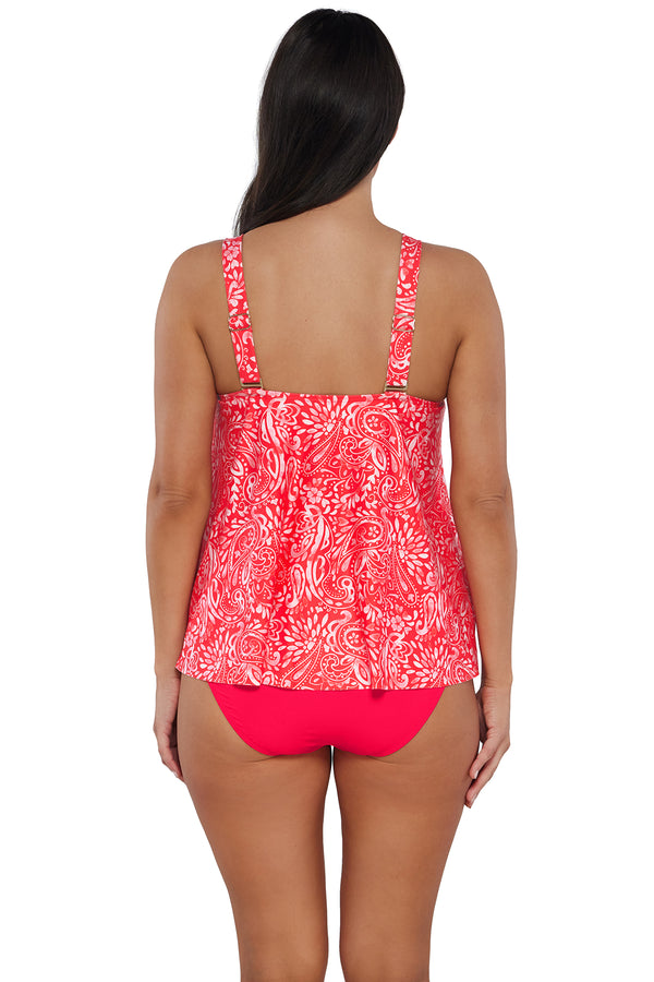 Back pose #1 of Nicki wearing Sunsets Escape Majorca Sadie Tankini Top