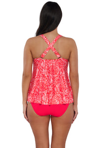 Back pose #1 of Nicki wearing Sunsets Escape Majorca Sadie Tankini Top showing crossback straps