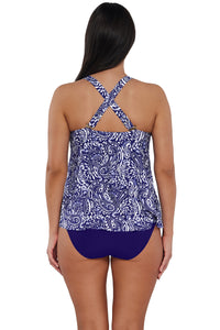 Back pose #1 of Nicki wearing Sunsets Escape Marina Sadie Tankini Top showing crossback straps