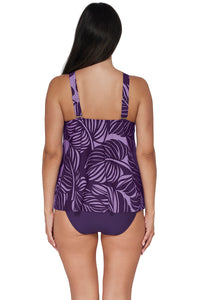 Back pose #1 of Nicki wearing Sunsets Escape Mystic Palms Sadie Tankini Top paired with coordinating Paradise Plum Hannah High Waist Bottom