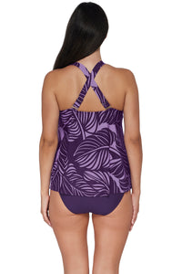 Back pose #1 of Nicki wearing Sunsets Escape Mystic Palms Sadie Tankini Top showing crossback straps paired with coordinating Paradise Plum Hannah High Waist Bottom