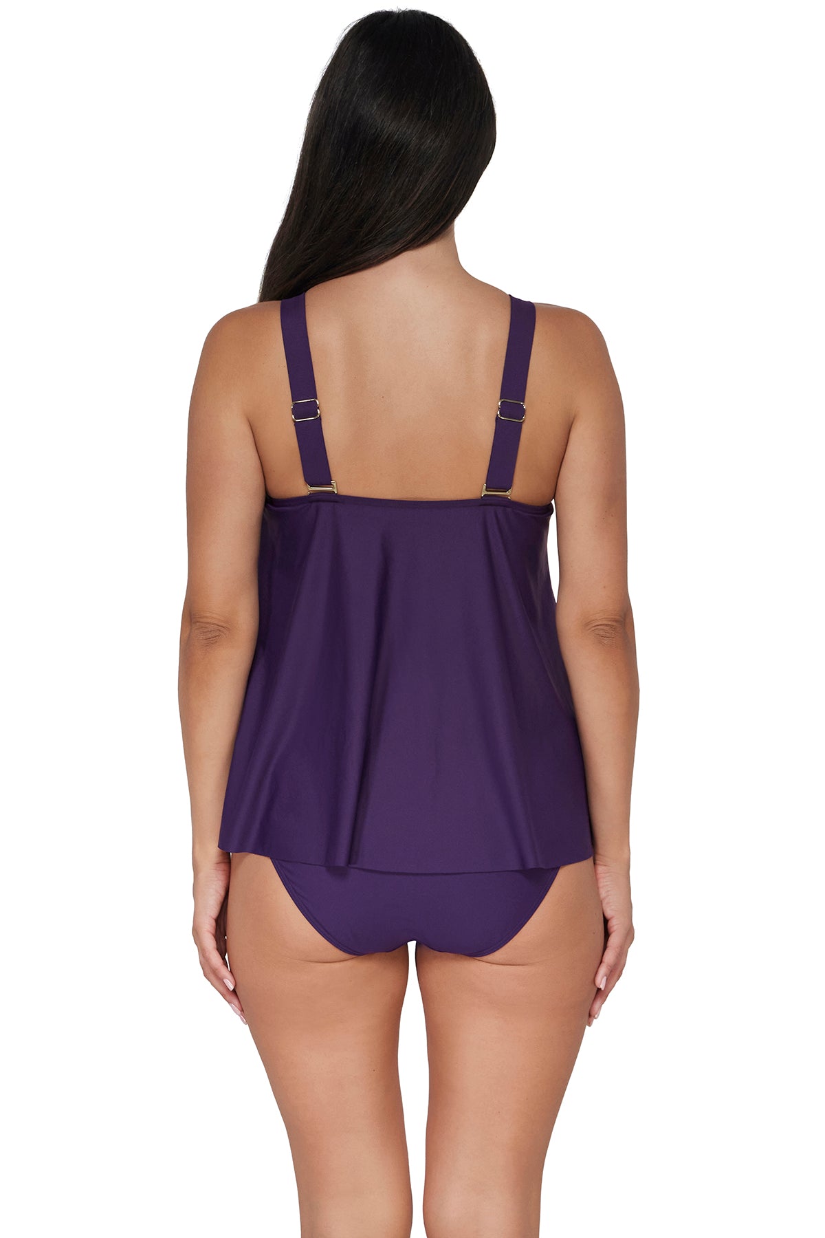 Back pose #1 of Nicki wearing Sunsets Escape Paradise Plum Sadie Tankini Top paired with matching Hannah High Waist Bottom