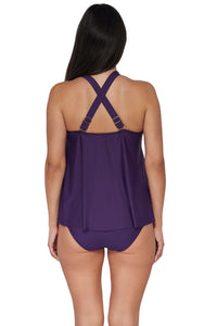 Back pose #1 of Nicki wearing Sunsets Escape Paradise Plum Sadie Tankini Top showing crossback straps paired with matching Hannah High Waist Bottom