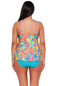 Back pose #1 of Nicki wearing Sunsets Escape Shoreline Petals Sadie Tankini Top with matching Hannah High Waist bikini bottom