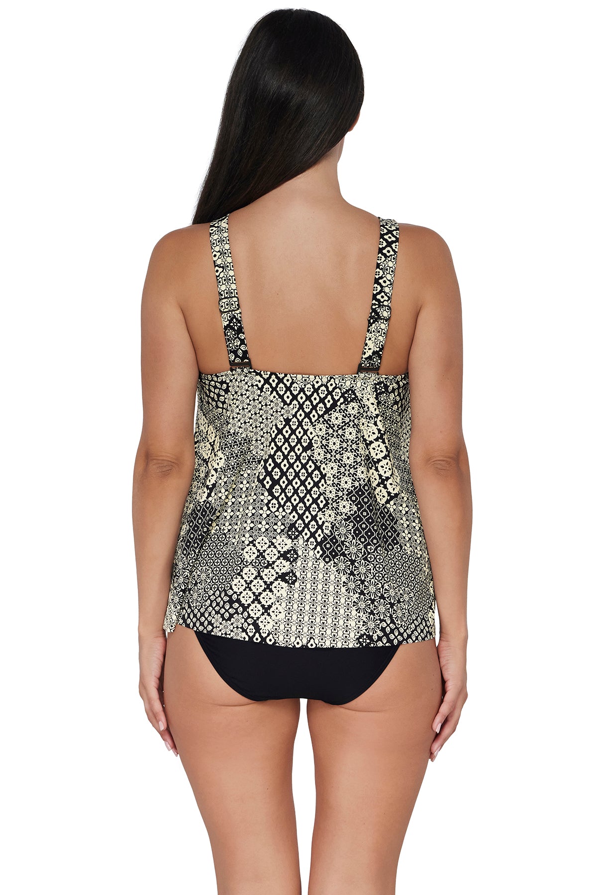 Back pose #1 of Nicki wearing Sunsets Escape Venice Seagrass Texture Sadie Tankini Top paired with coordinating Black Hannah High Waist Bottom