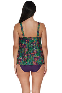 Back pose #1 of Nicki wearing Sunsets Escape Welcome To Rio Sadie Tankini Top paired with coordinating Paradise Plum Hannah High Waist Bottom