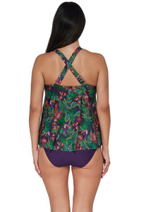 Back pose #1 of Nicki wearing Sunsets Escape Welcome To Rio Sadie Tankini Top showing crossback straps paired with coordinating Paradise Plum Hannah High Waist Bottom