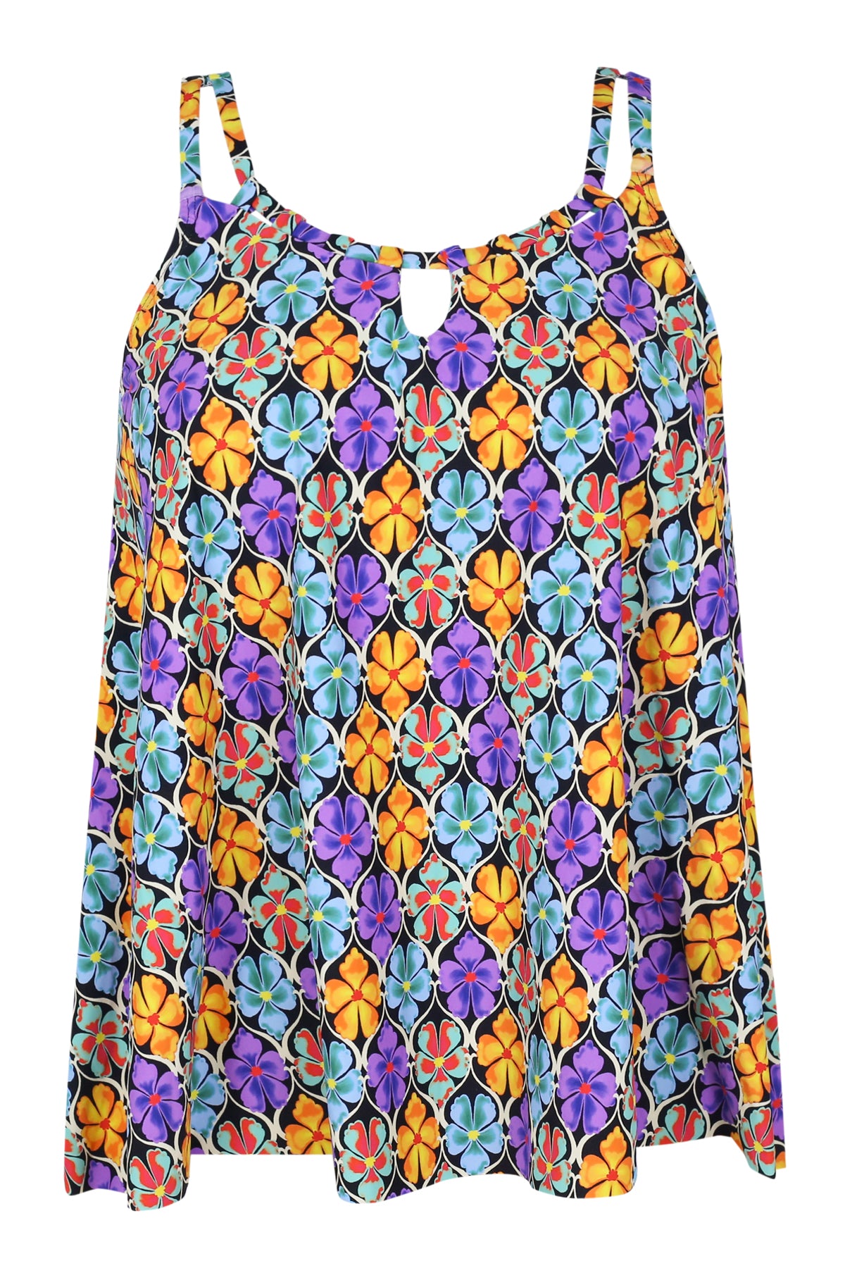 Front pose #1 of a floating garment shot featuring Sunsets Escape Trellis Blooms Sadie Tankini Top