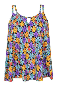 Front pose #1 of a floating garment shot featuring Sunsets Escape Trellis Blooms Sadie Tankini Top