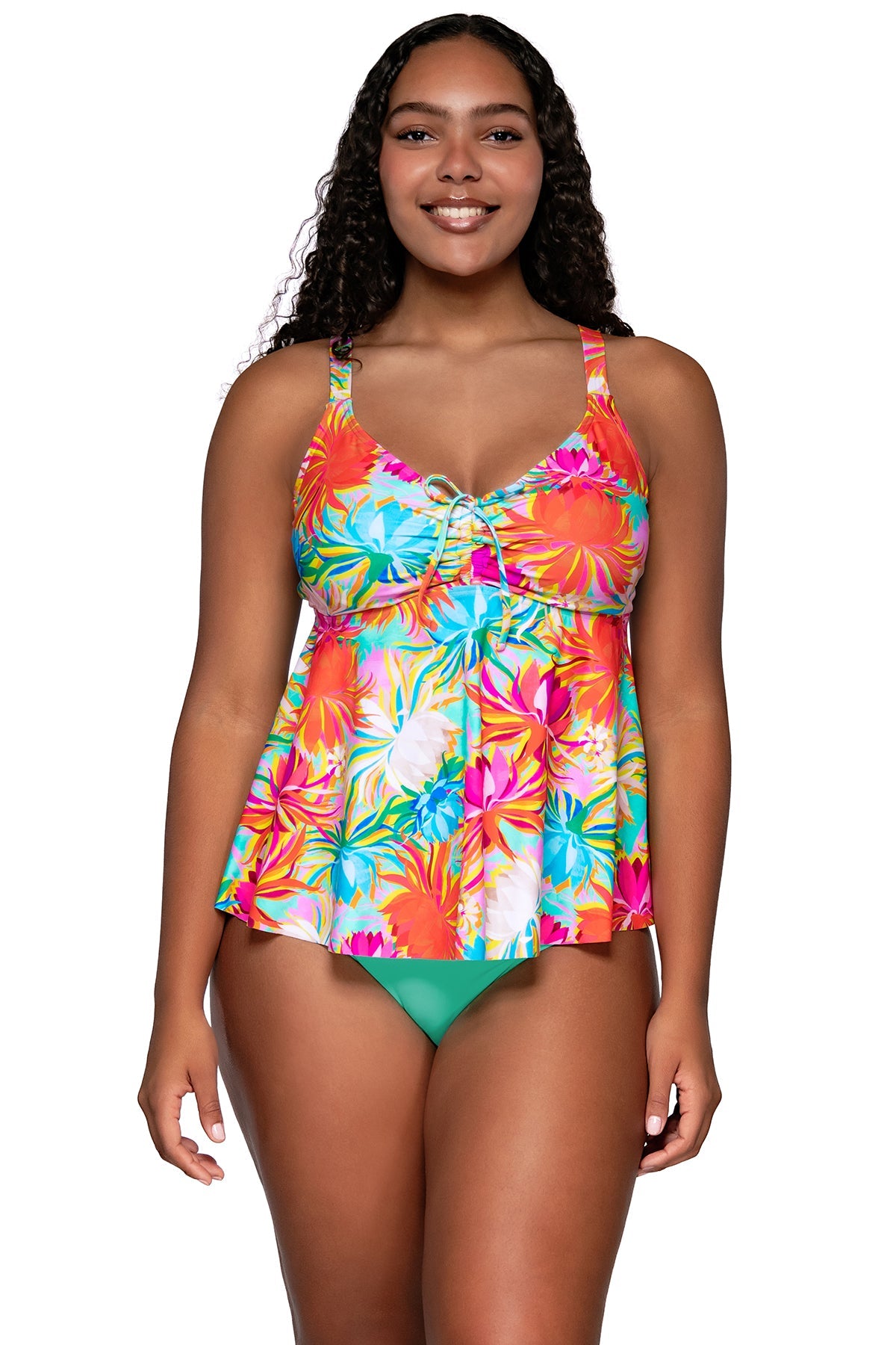 Front view of Sunsets Escape Lotus Marin Tankini Top