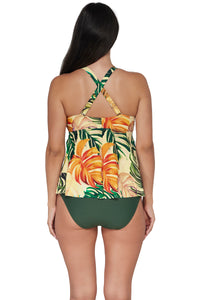 Back pose #1 of Nicki wearing Sunsets Escape Amber Oasis Marin Tankini Top showing crossback straps paired with coordinating Island Green Hannah High Waist Bottom