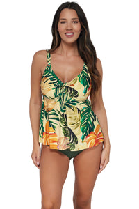 Front pose #1 of Nicki wearing Sunsets Escape Amber Oasis Marin Tankini Top paired with coordinating Island Green Hannah High Waist Bottom