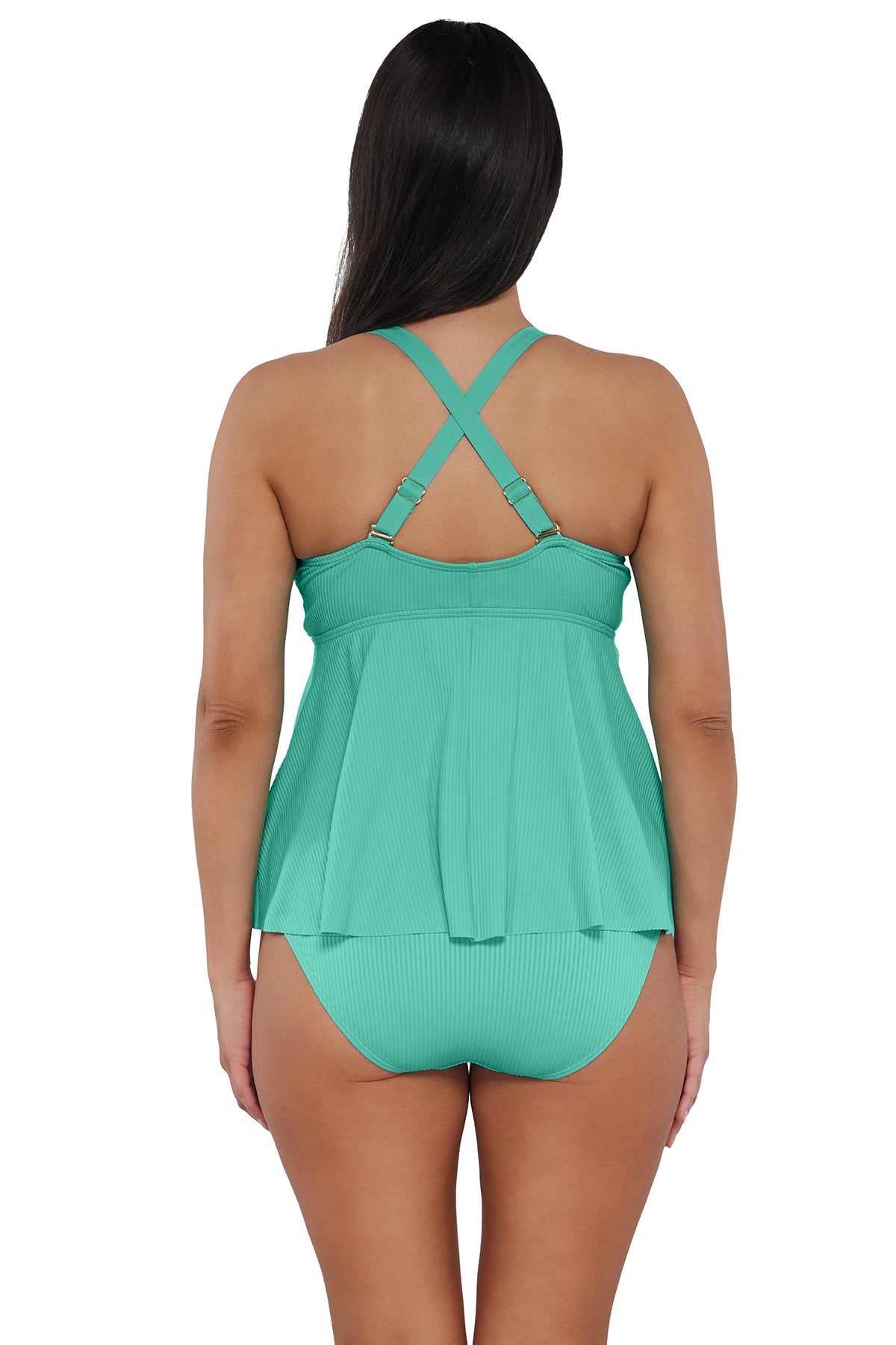 Back pose #1 of Nicki wearing Sunsets Escape Aqua Mist Sandbar Rib Marin Tankini Top