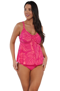 Active pose #1 of Nicki wearing Sunsets Escape Blushing Palms Sandbar Rib Marin Tankini Top