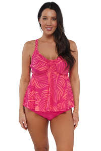 Front pose #1 of Nicki wearing Sunsets Escape Blushing Palms Sandbar Rib Marin Tankini Top