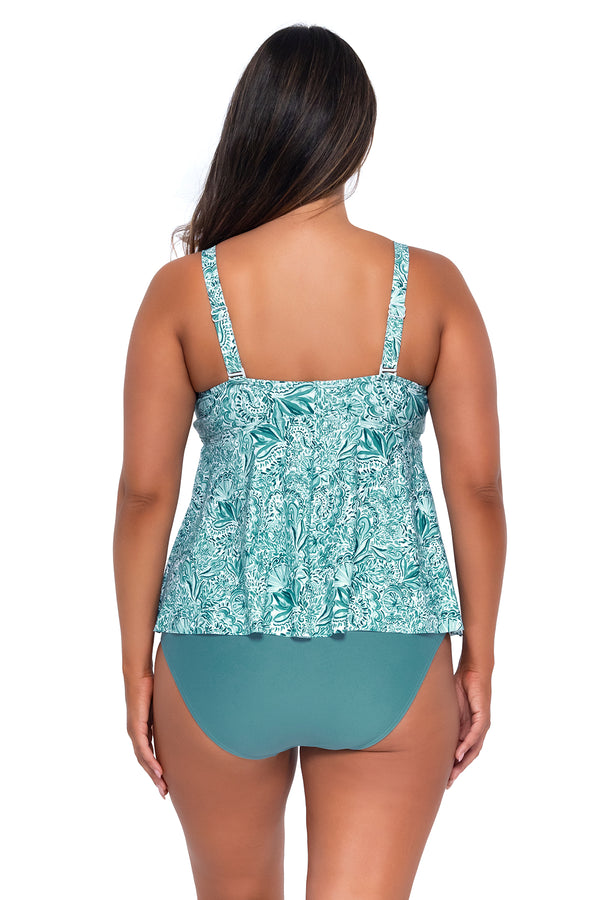 Back pose #1 of Nicky wearing Sunsets Escape By the Sea Marin Tankini Top with matching Hannah High Waist bikini bottom