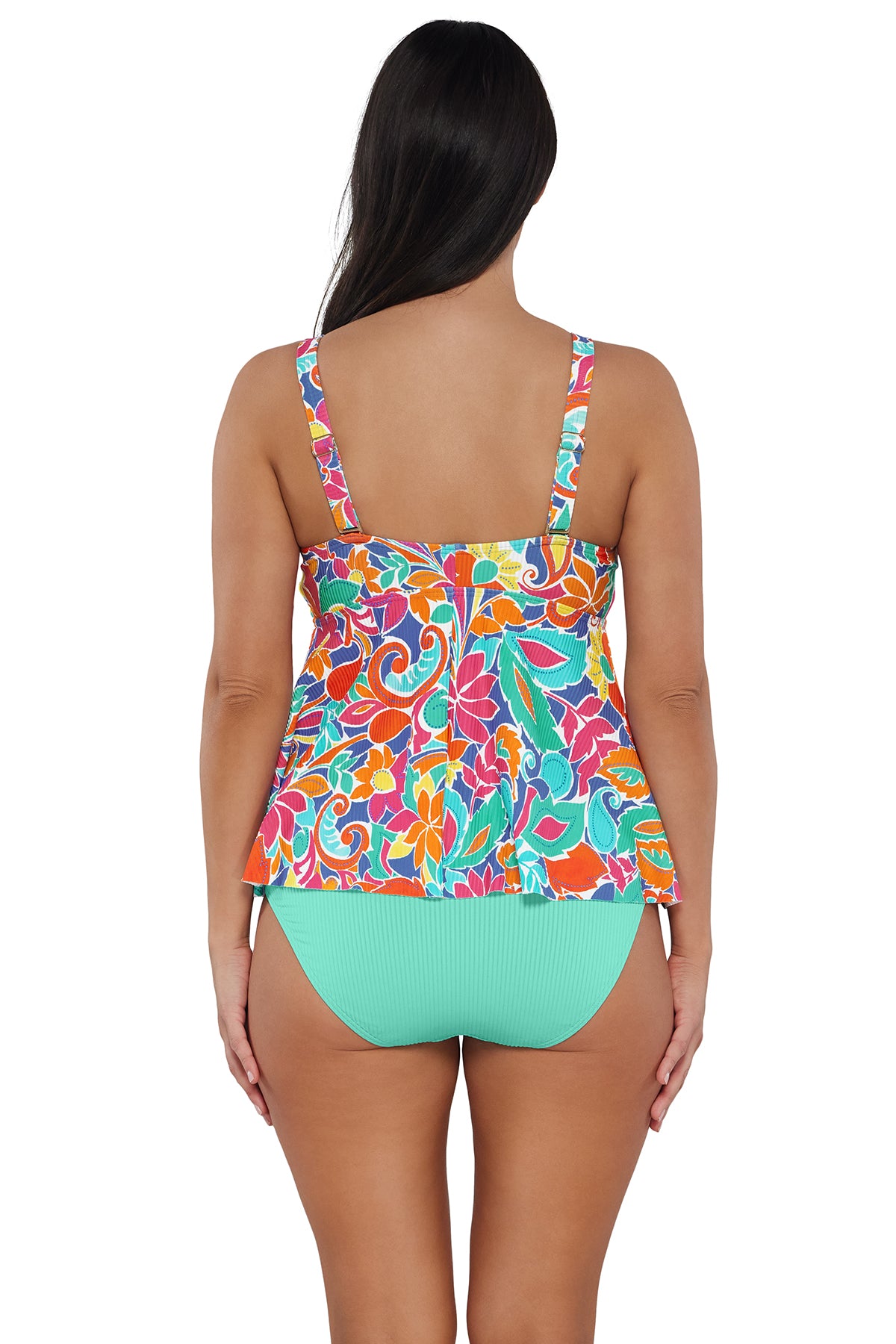 Back pose #1 of Nicki wearing Sunsets Escape Festive Floral Sandbar Rib Marin Tankini Top